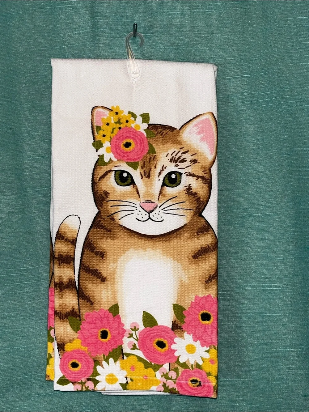 Floral Tabby Cat Kitchen Towel - Pink & Brown